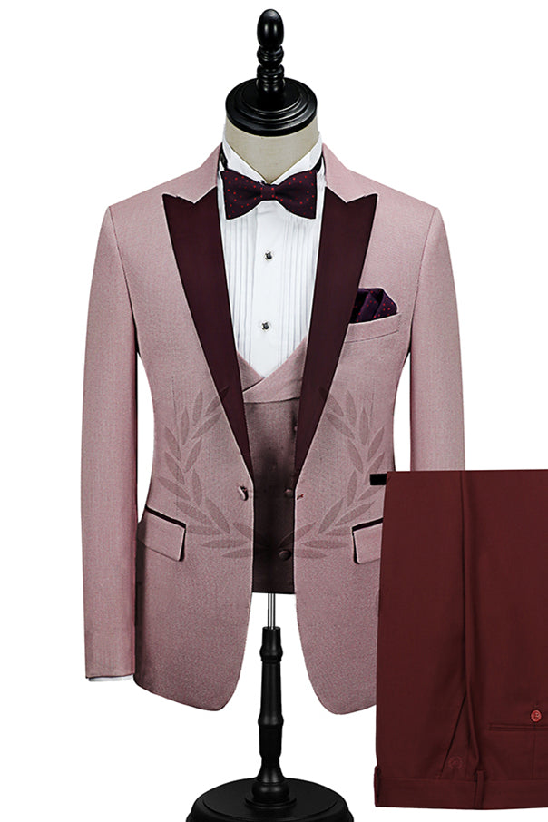 Popular Burgundy Evening Suit with Peak Lapel and Pink One Button