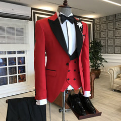 Popular Red Three-Piece Wedding Suit with Black Peaked Lapel for 2024