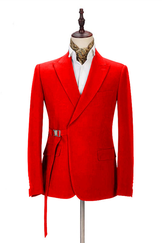 Popular Slim Fit Bright Red Peak Lapel Summer Wedding Suit with Buckle Button