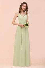 Popular V-Neck Sage Chiffon Affordable Bridesmaid Dress with Low Back-Babyonlines