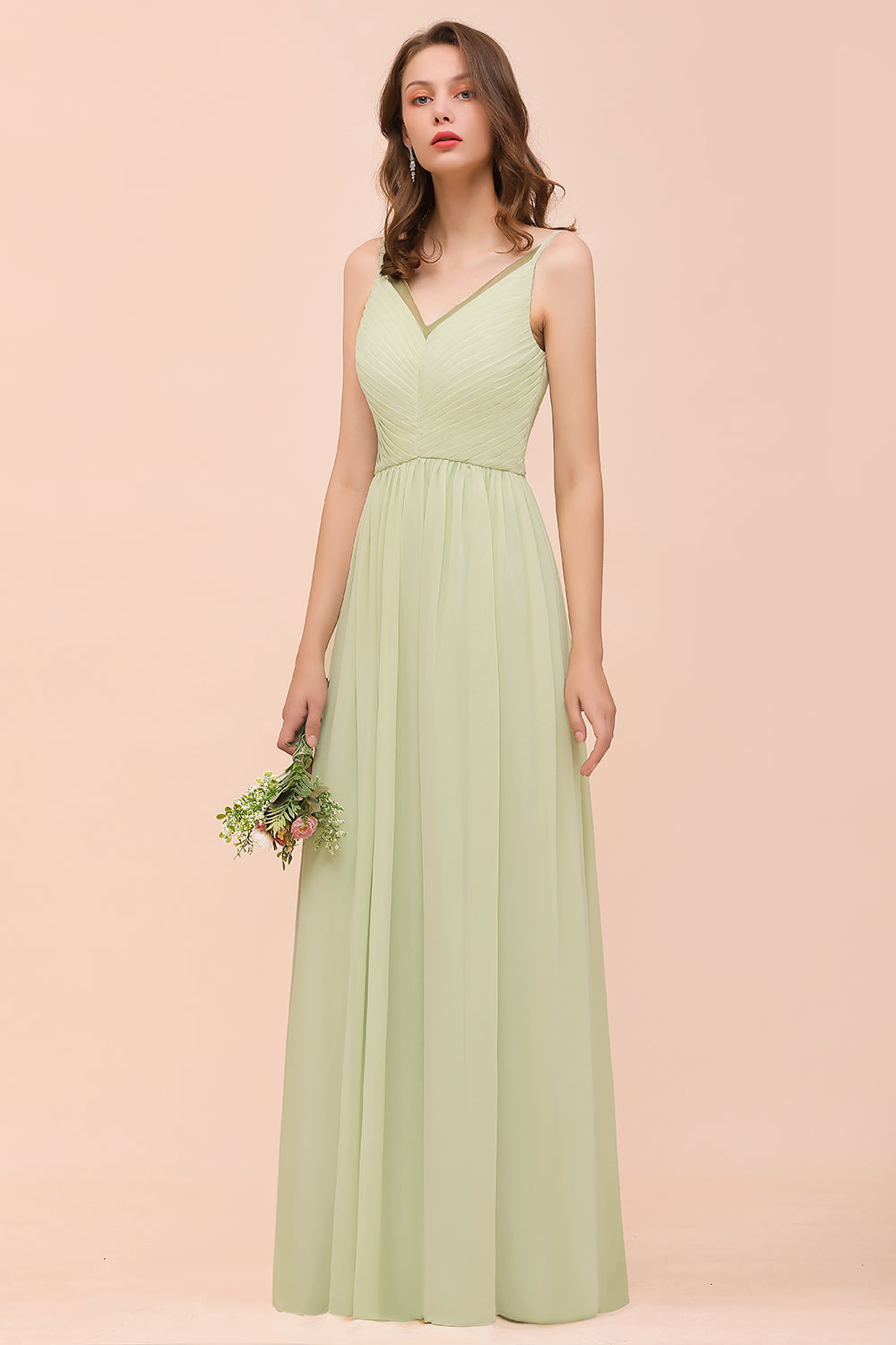 Popular V-Neck Sage Chiffon Affordable Bridesmaid Dress with Low Back-Babyonlines