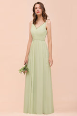 Popular V-Neck Sage Chiffon Affordable Bridesmaid Dress with Low Back-Babyonlines
