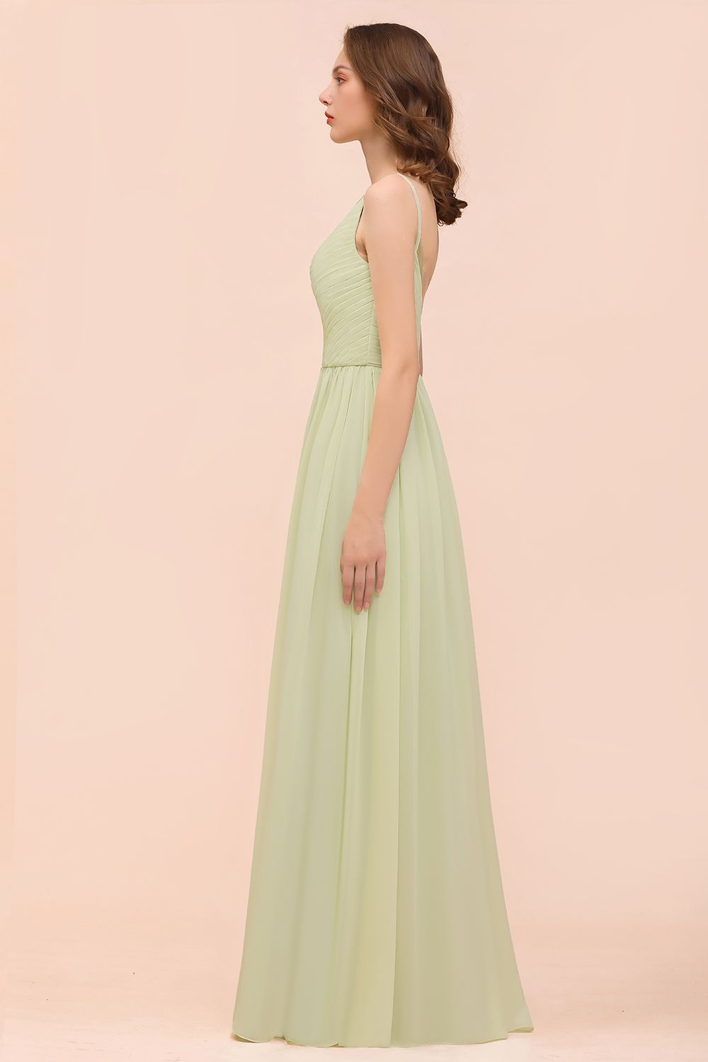 Popular V-Neck Sage Chiffon Affordable Bridesmaid Dress with Low Back-Babyonlines