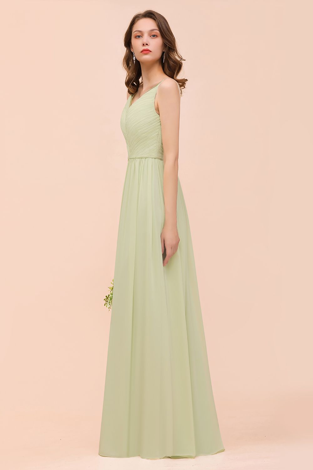 Popular V-Neck Sage Chiffon Affordable Bridesmaid Dress with Low Back-Babyonlines