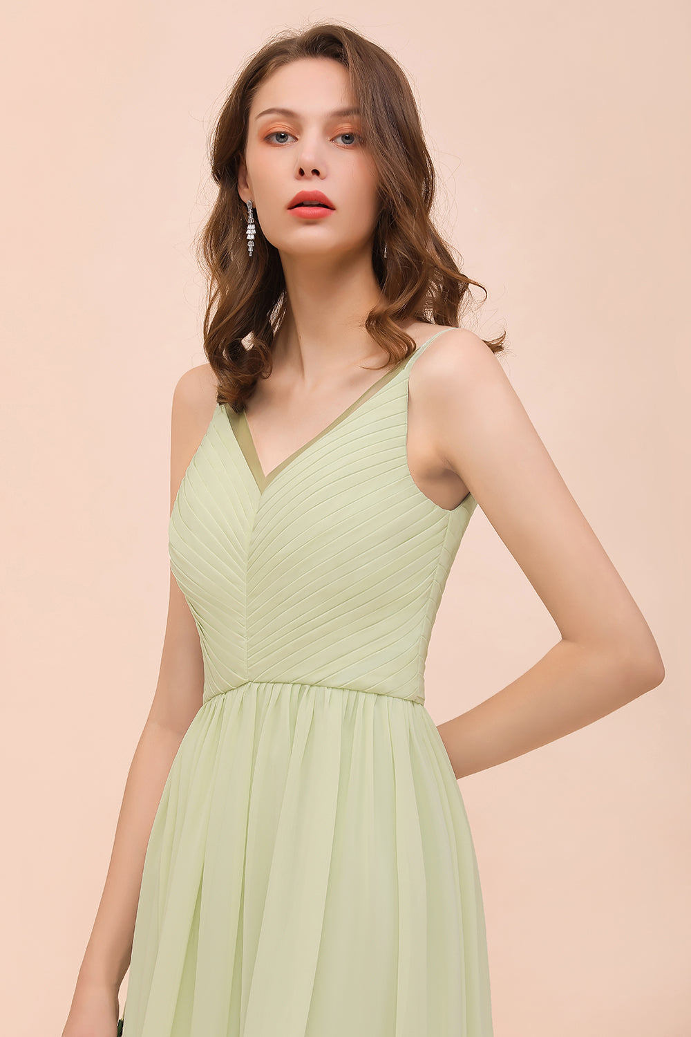 Popular V-Neck Sage Chiffon Affordable Bridesmaid Dress with Low Back-Babyonlines