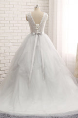 Princess Jewel Neck Long Wedding Dress with Tulle Lace