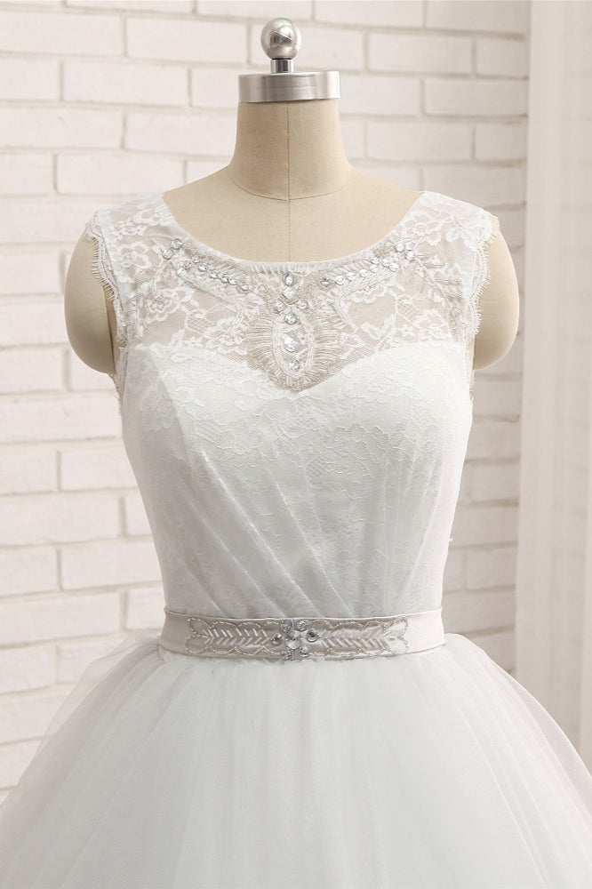Princess Jewel Neck Long Wedding Dress with Tulle Lace