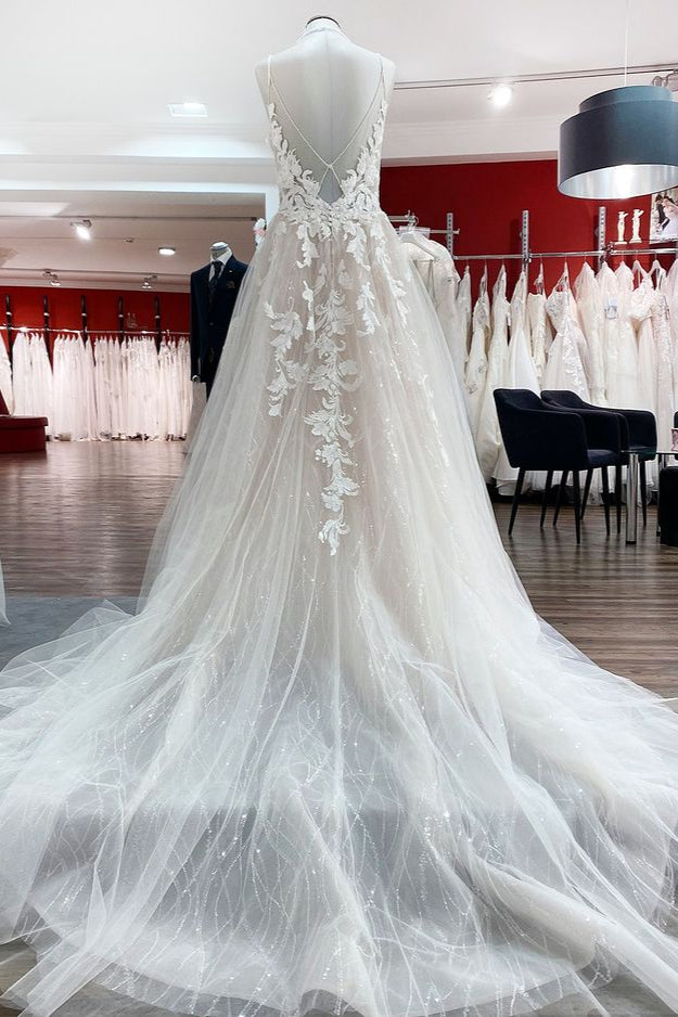 Princess V-Neck Spaghetti Strap Long Wedding Dress with Tulle Sequins and Lace Appliques