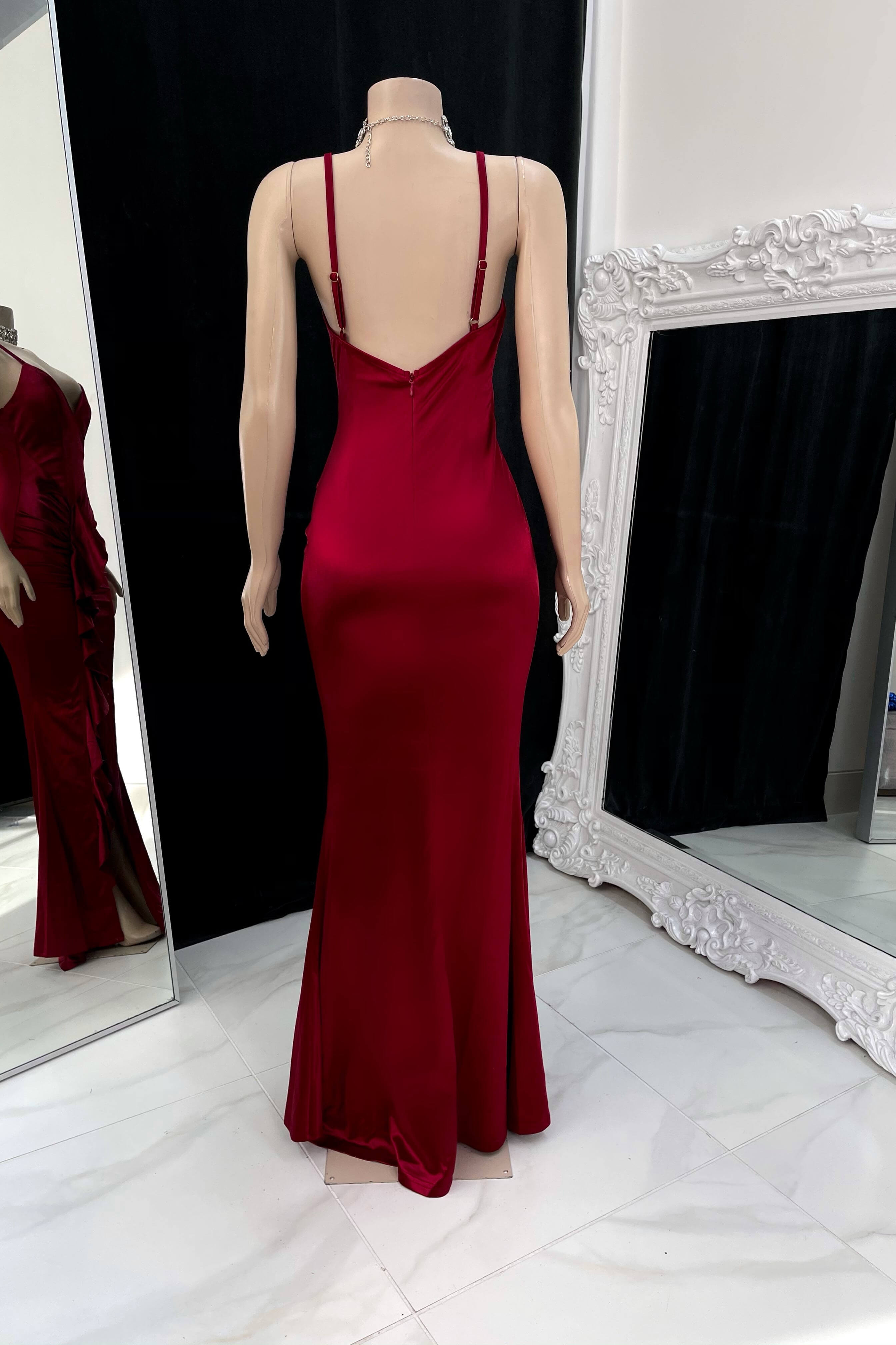 Burgundy Spaghetti Strap Prom Dress with Pleated and Side Split