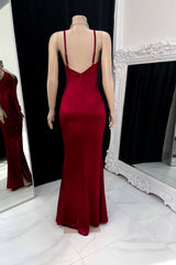Burgundy Spaghetti Strap Prom Dress with Pleated and Side Split