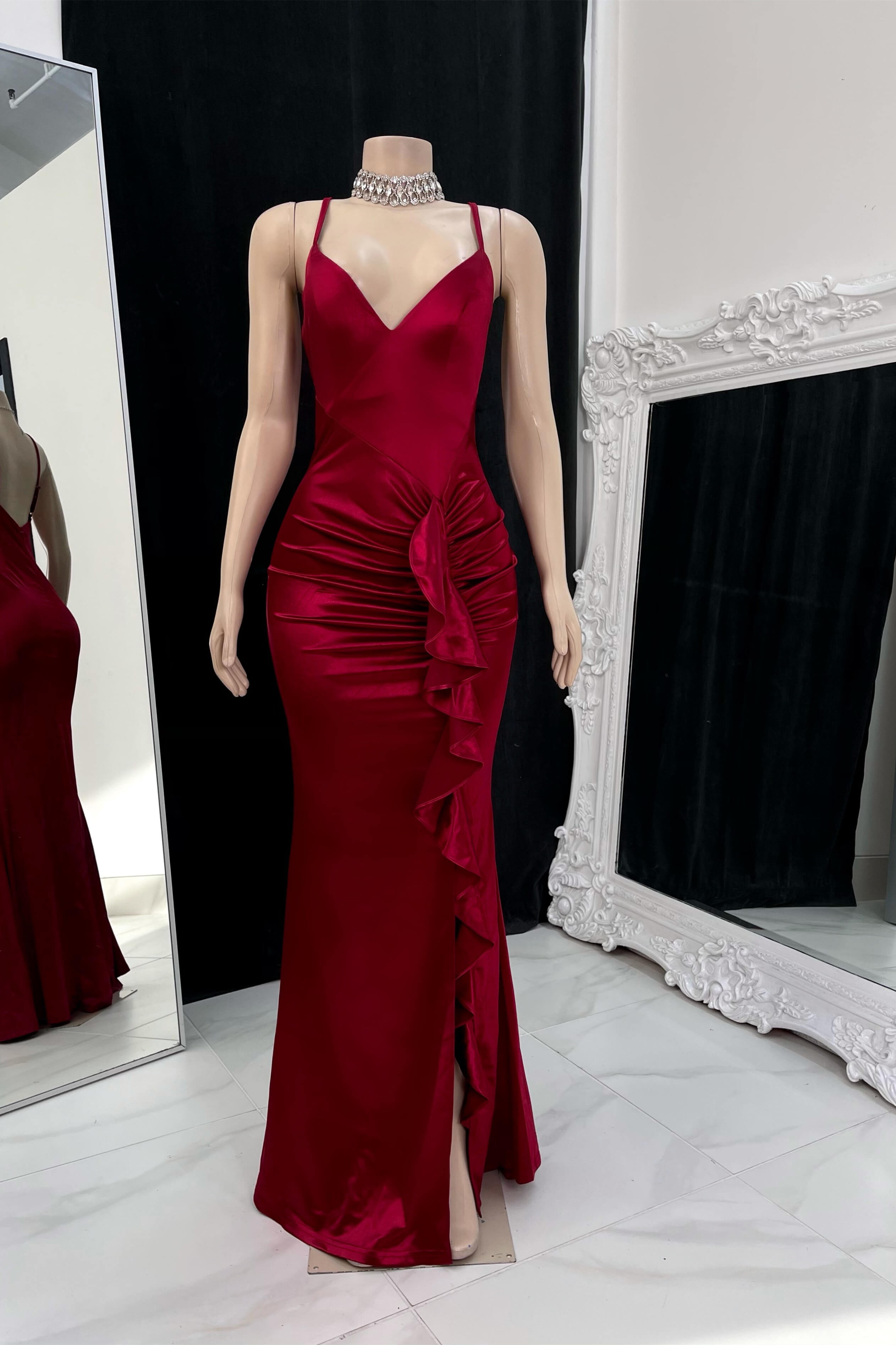 Burgundy Spaghetti Strap Prom Dress with Pleated and Side Split