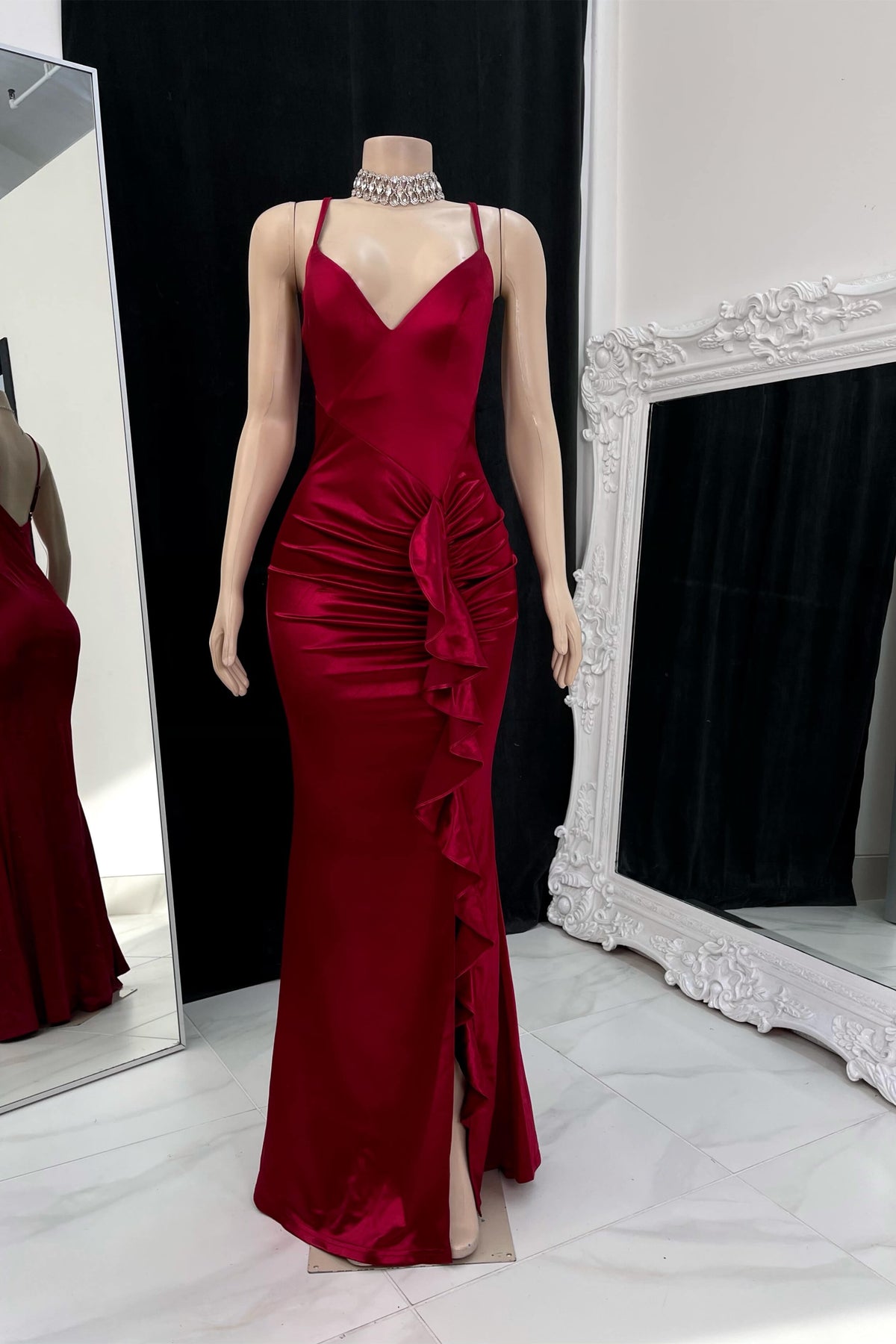 Burgundy Spaghetti Strap Prom Dress with Pleated and Side Split