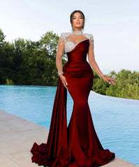 Purple Long Sleeve Mermaid Satin Long Prom Dress with Beading