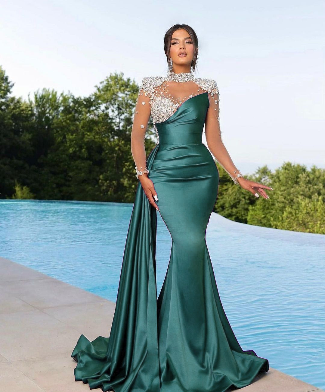 Purple Long Sleeve Mermaid Satin Long Prom Dress with Beading