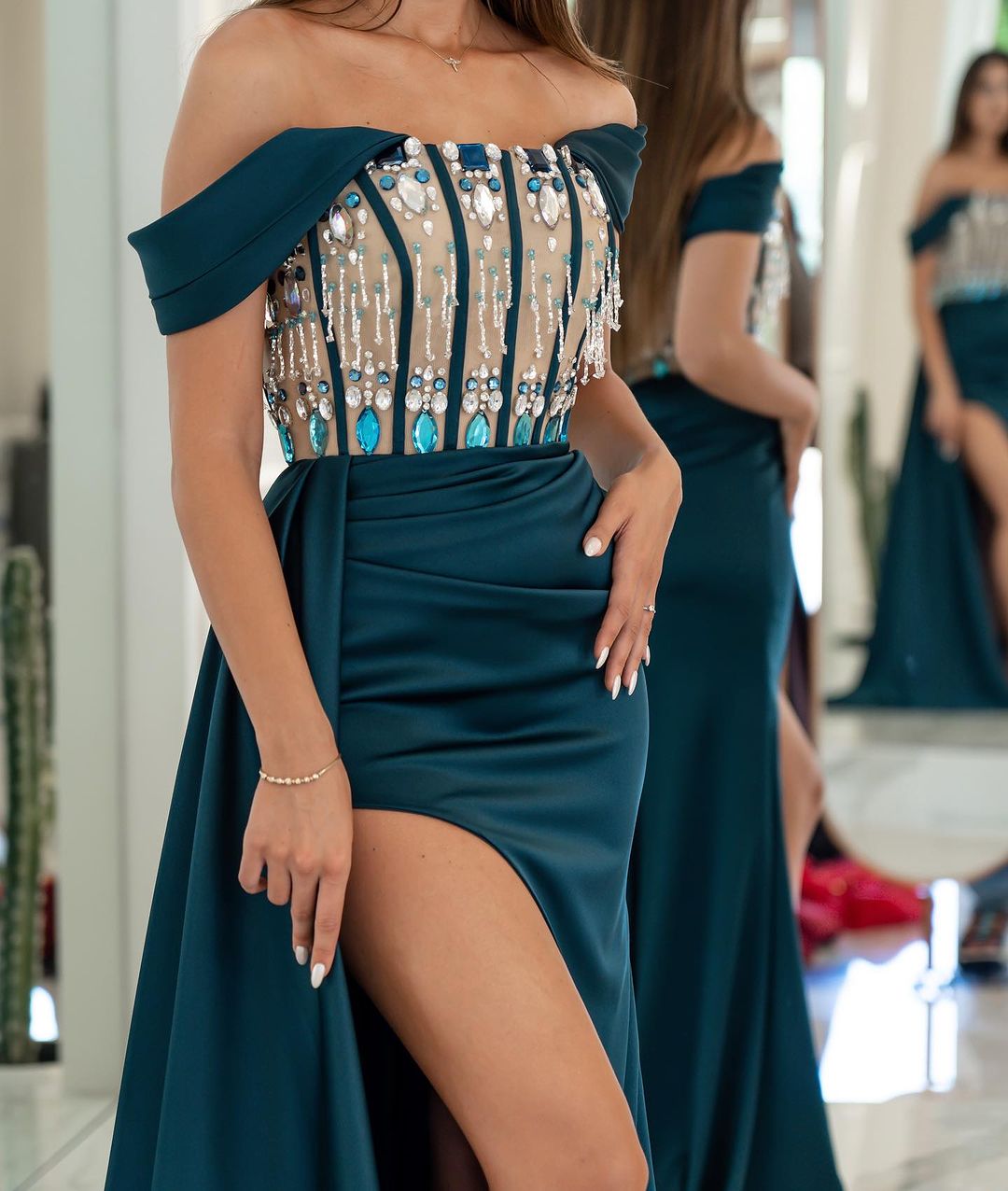 Simple Strapless Long Prom Dress with Beading and Side Split