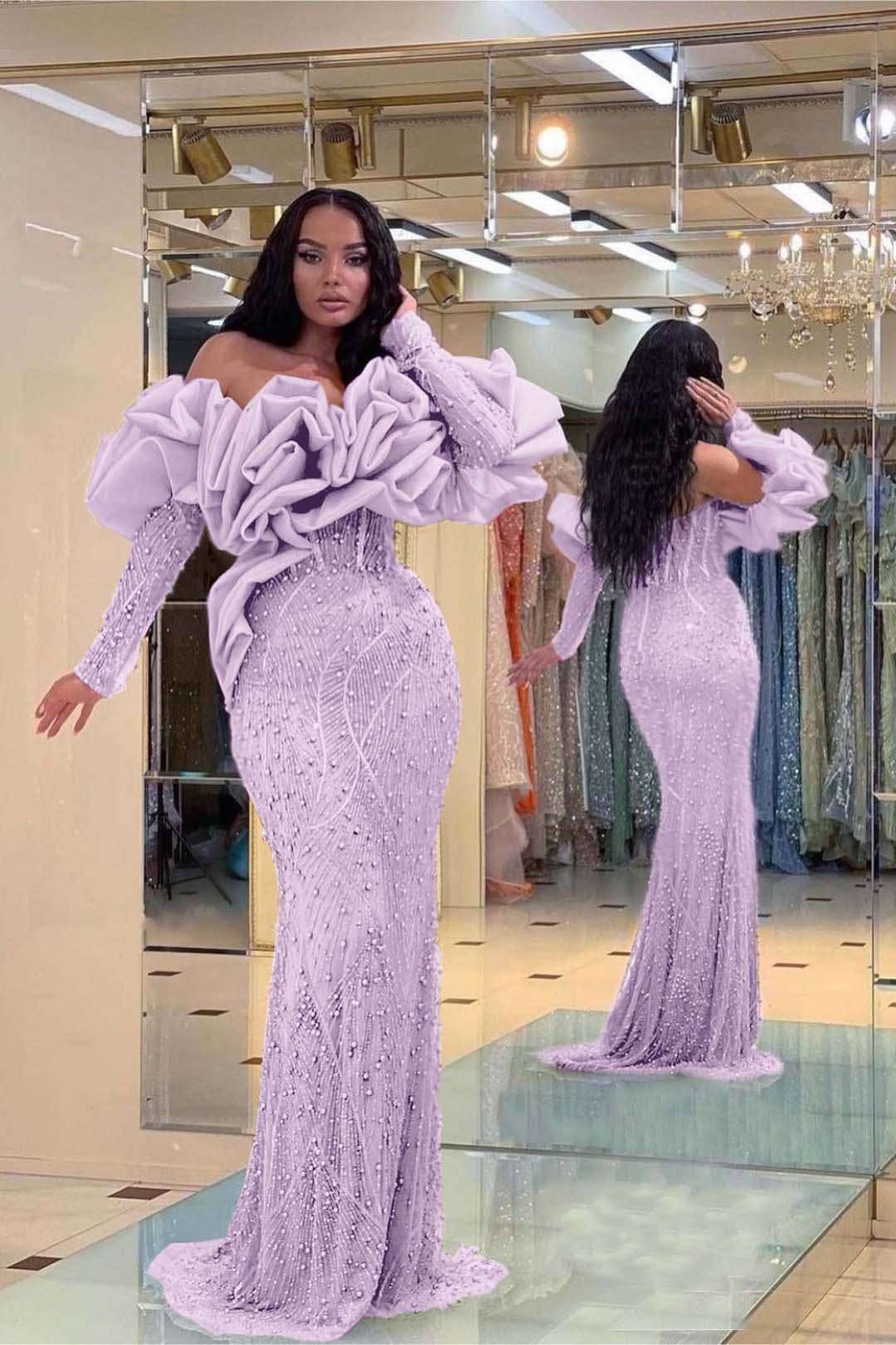 Purple Bubble Sleeve Strapless Long Prom Dress with Sequins Beading