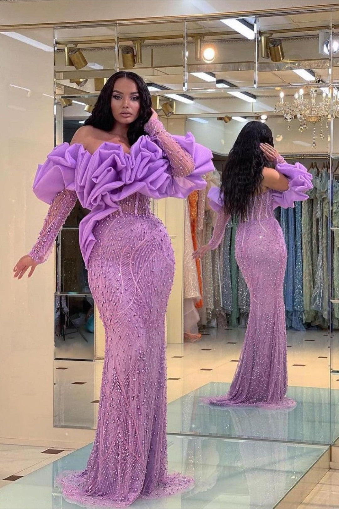 Purple Bubble Sleeve Strapless Long Prom Dress with Sequins Beading
