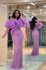 Purple Bubble Sleeve Strapless Long Prom Dress with Sequins Beading