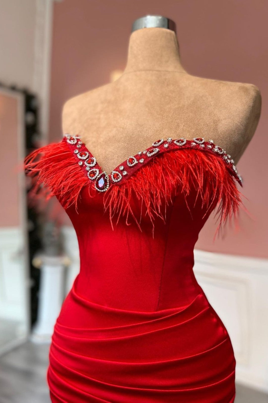 Red Sweetheart Satin Long Prom Dress with Feather