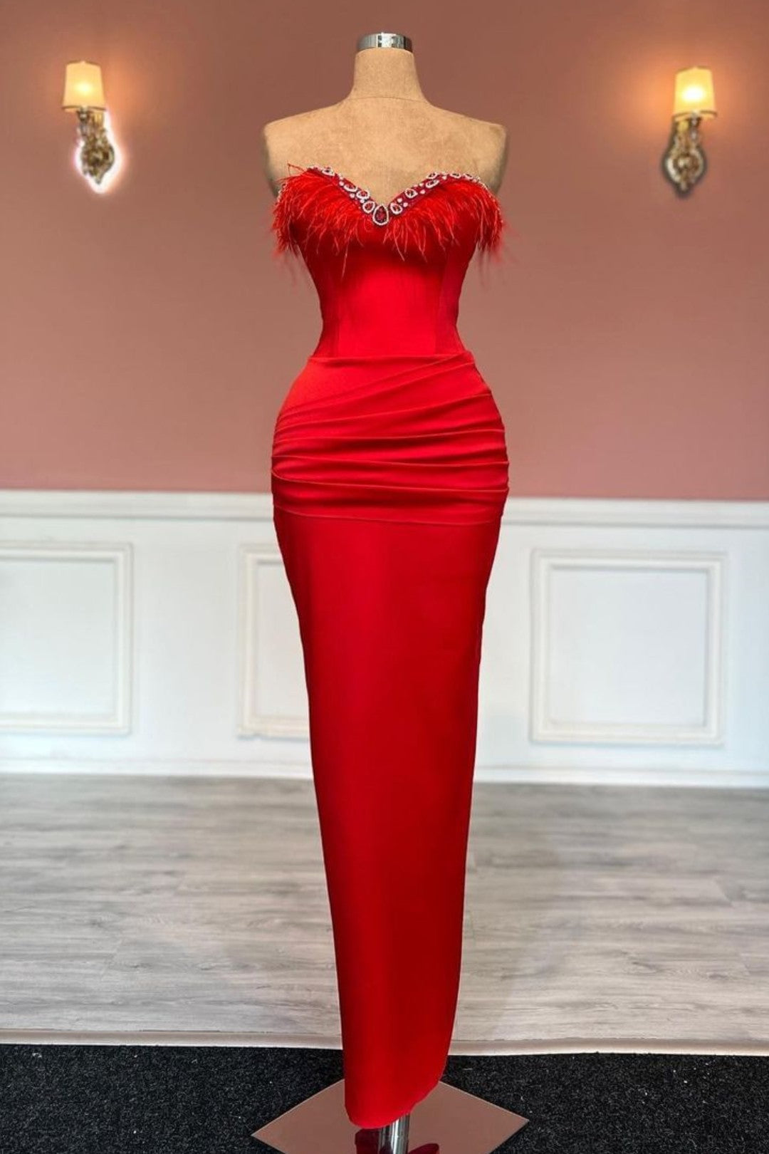 Red Sweetheart Satin Long Prom Dress with Feather