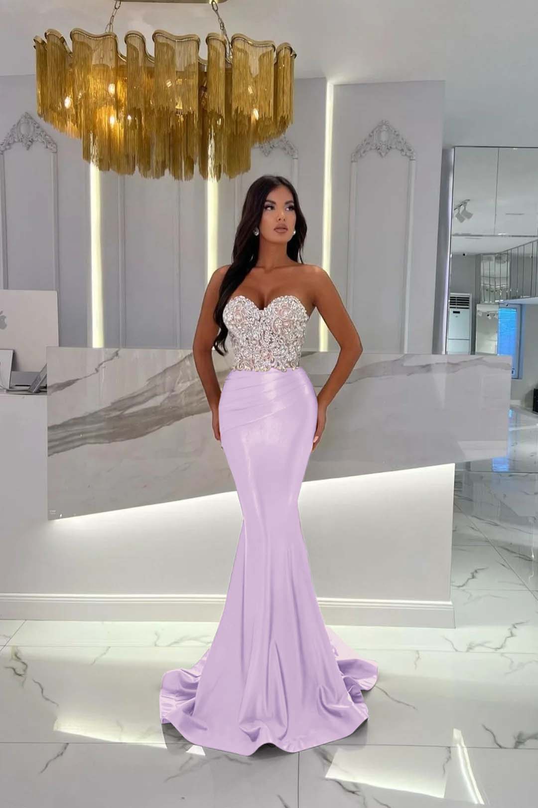 Sweetheart Strapless Satin Mermaid Prom Dress with Rhinestone