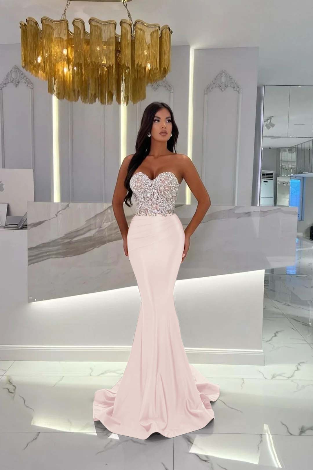 Sweetheart Strapless Satin Mermaid Prom Dress with Rhinestone