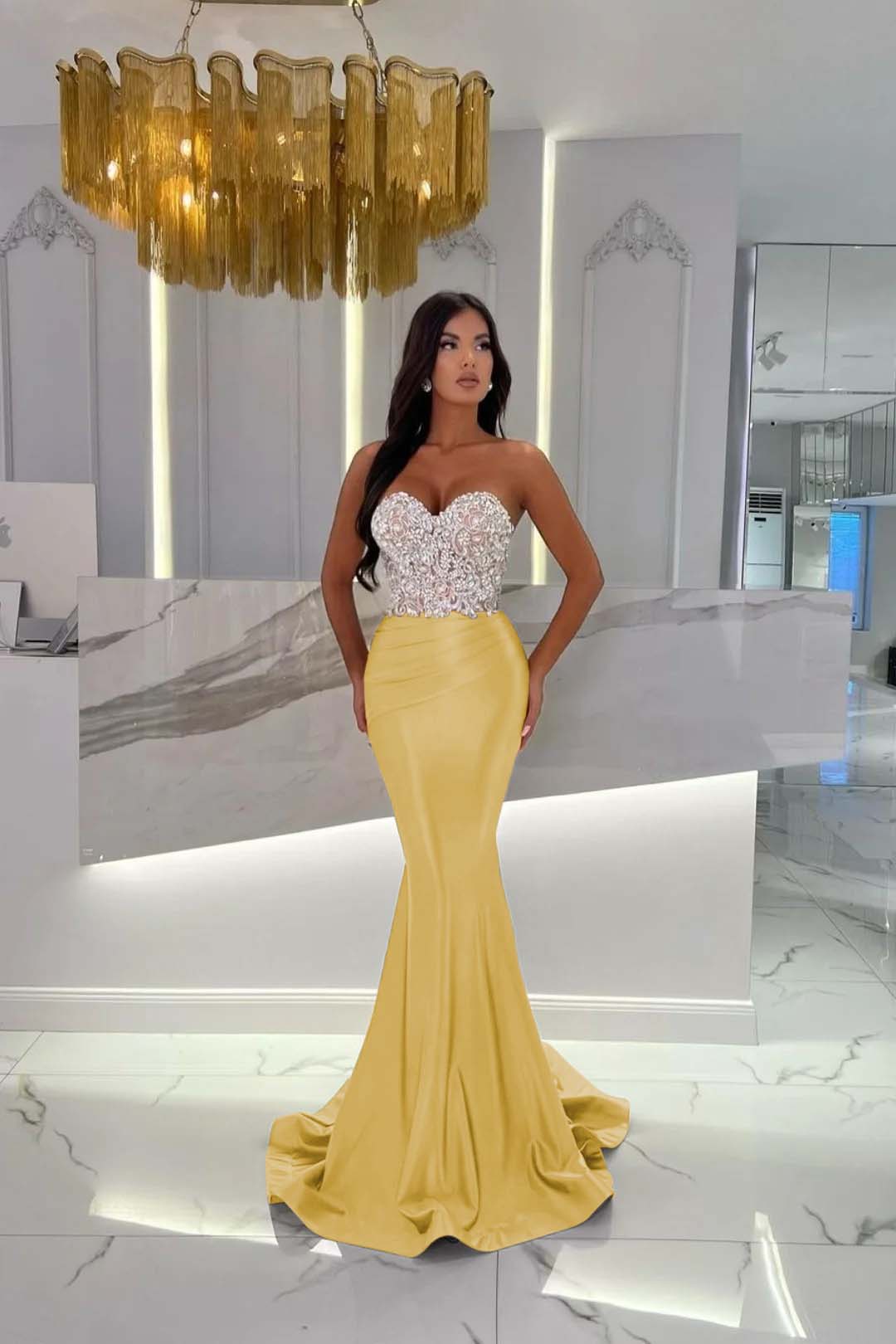 Sweetheart Strapless Satin Mermaid Prom Dress with Rhinestone