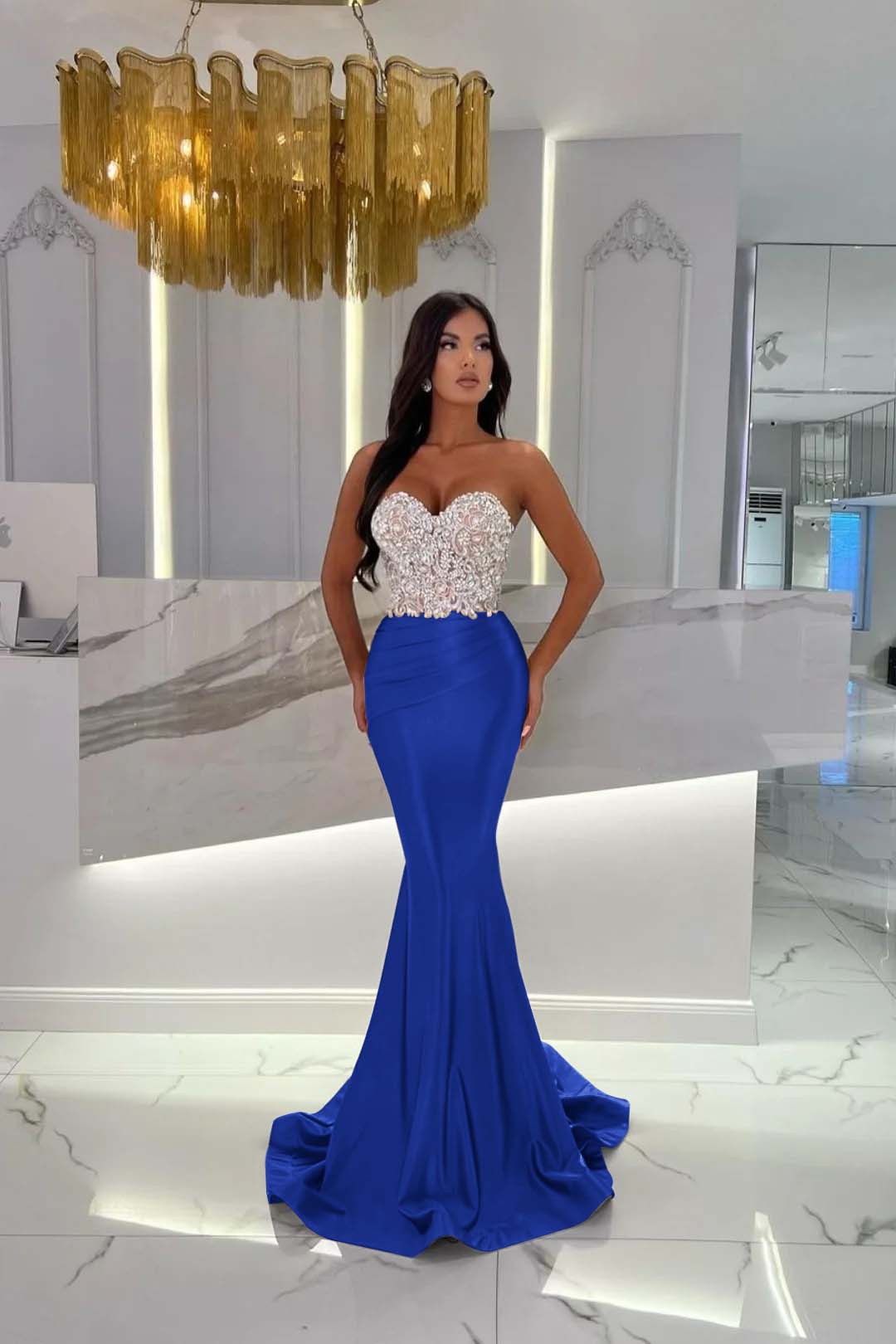 Sweetheart Strapless Satin Mermaid Prom Dress with Rhinestone
