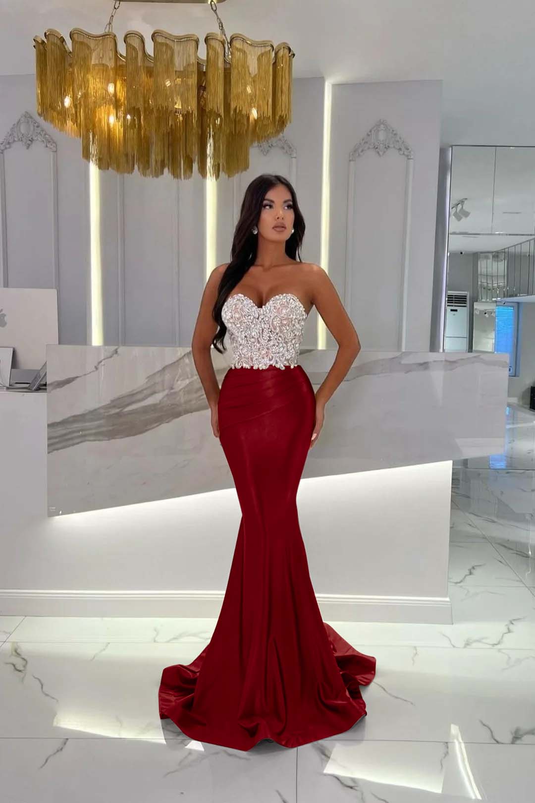 Sweetheart Strapless Satin Mermaid Prom Dress with Rhinestone