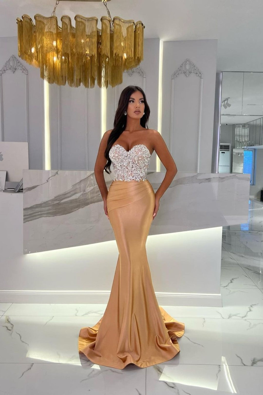 Sweetheart Strapless Satin Mermaid Prom Dress with Rhinestone