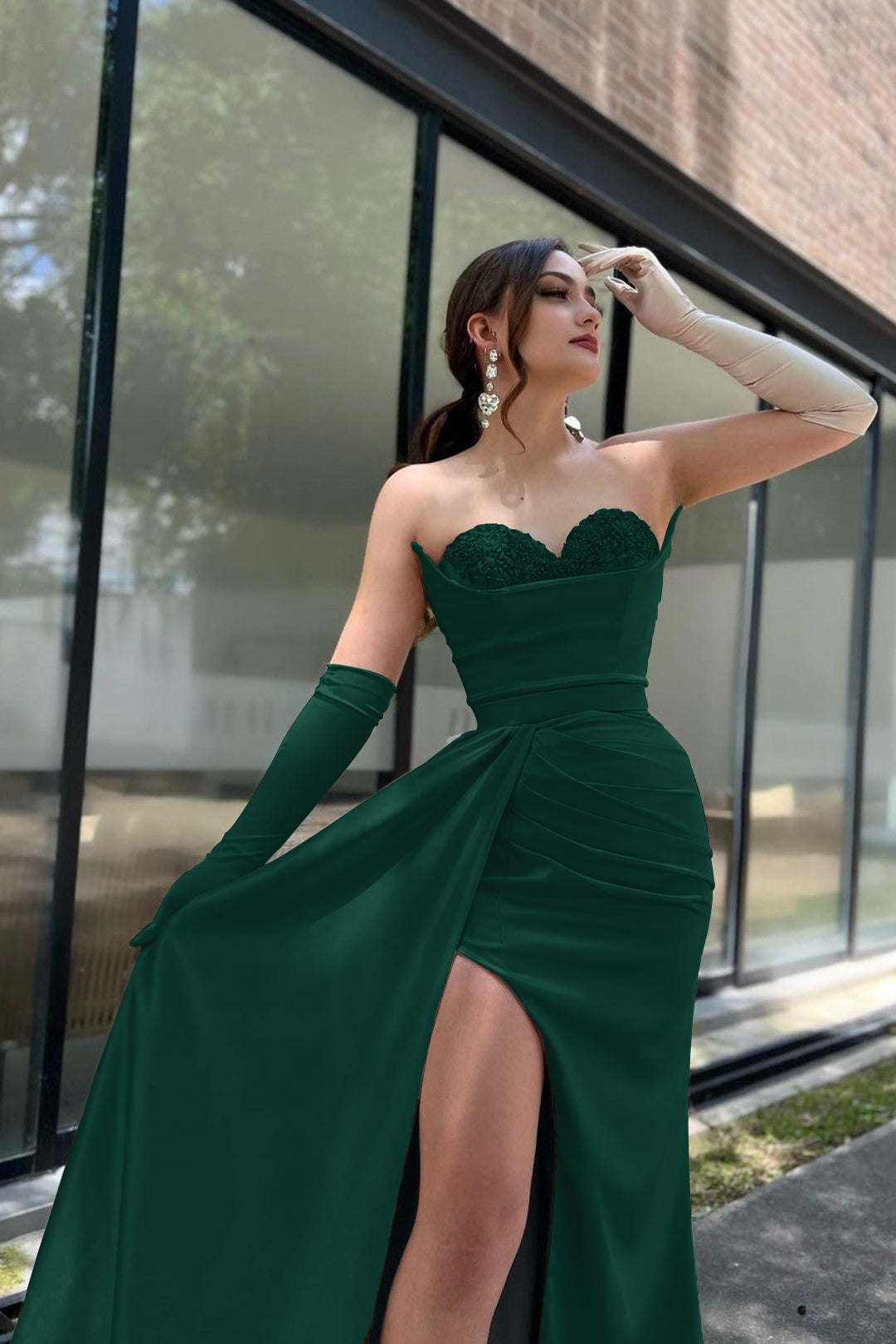 Champagne Sweetheart Prom Dress with High Split and Gloves