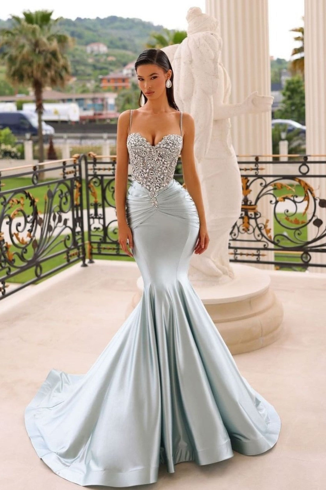 Elegant Spaghetti Strap Satin Mermaid Prom Dress with Sequins and Beading