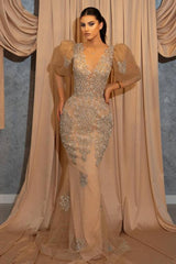 Puff Sleeve Long Mermaid Prom Dress with Beaded Lace Appliques