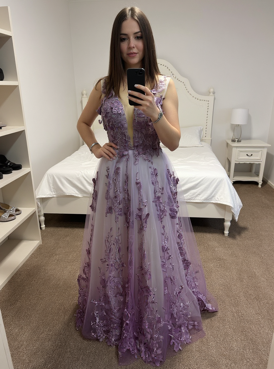 V-neck Sleeveless Long A-line Formal Prom Dresses with Applique Lace