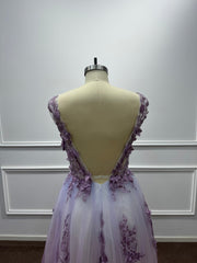 V-neck Sleeveless Long A-line Formal Prom Dresses with Applique Lace