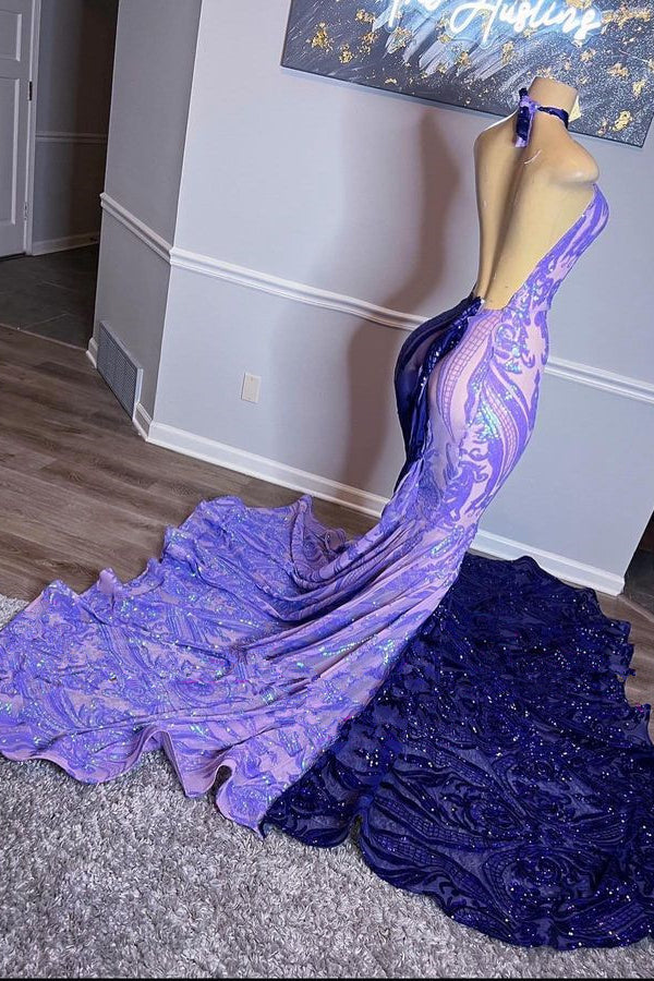 Halter Mermaid Long Prom Dress with Beaded Sequins and Appliques