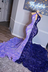 Halter Mermaid Long Prom Dress with Beaded Sequins and Appliques