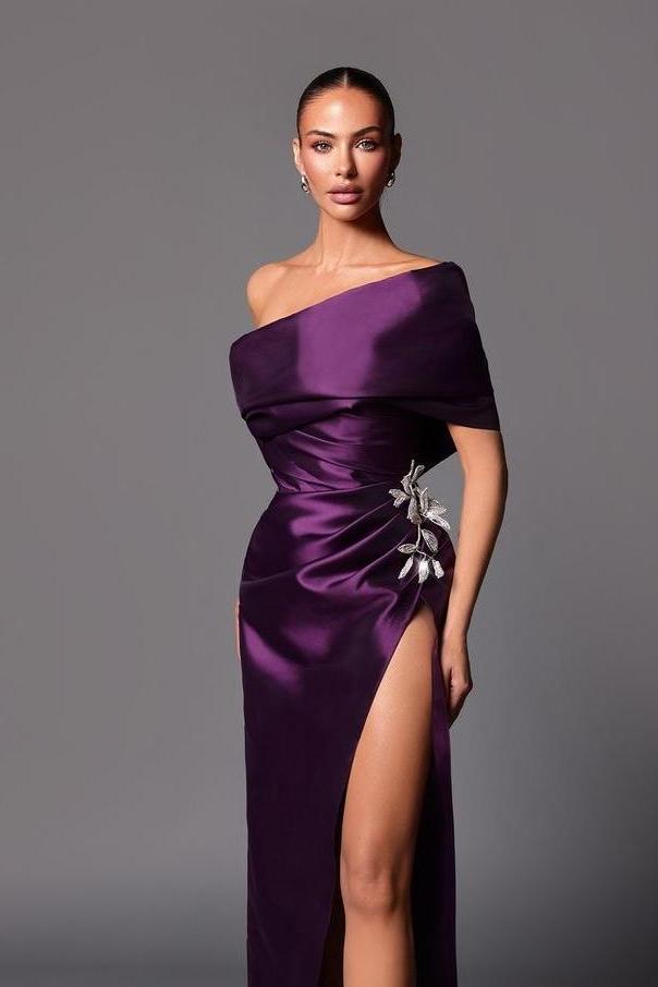 One Shoulder Pleated Long Prom Dress with Beading Split