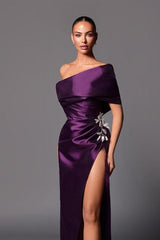 One Shoulder Pleated Long Prom Dress with Beading Split