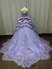 Sweetheart Tulle Lace Long Ball Gown Prom Dresses with Bow