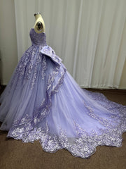 Sweetheart Tulle Lace Long Ball Gown Prom Dresses with Bow
