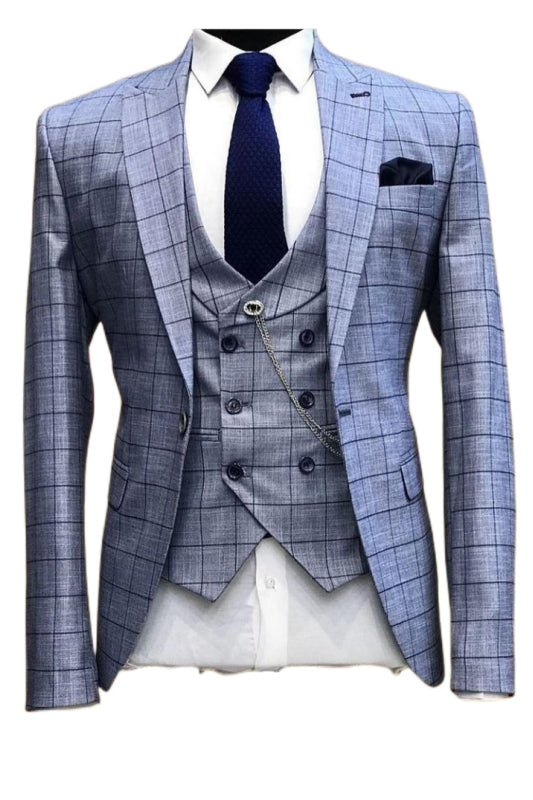 Rachel Bespoke Blue Peaked Lapel Three Pieces Plaid Business Suits