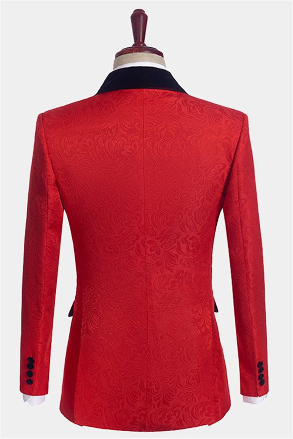 Red Floral Tuxedo - Black Lapel Three Pieces for Groom Prince Suit