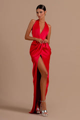 Red Halter Backless Long Prom Dress with Split