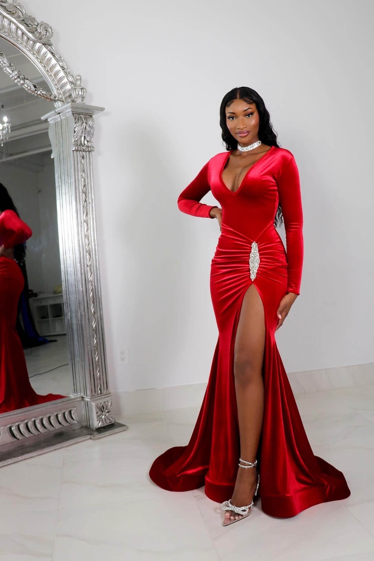 Simple Red Long Sleeve Long Prom Dress with High Split and Pleated
