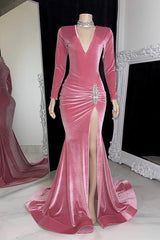 Simple Red Long Sleeve Long Prom Dress with High Split and Pleated