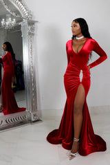 Simple Red Long Sleeve Long Prom Dress with High Split and Pleated
