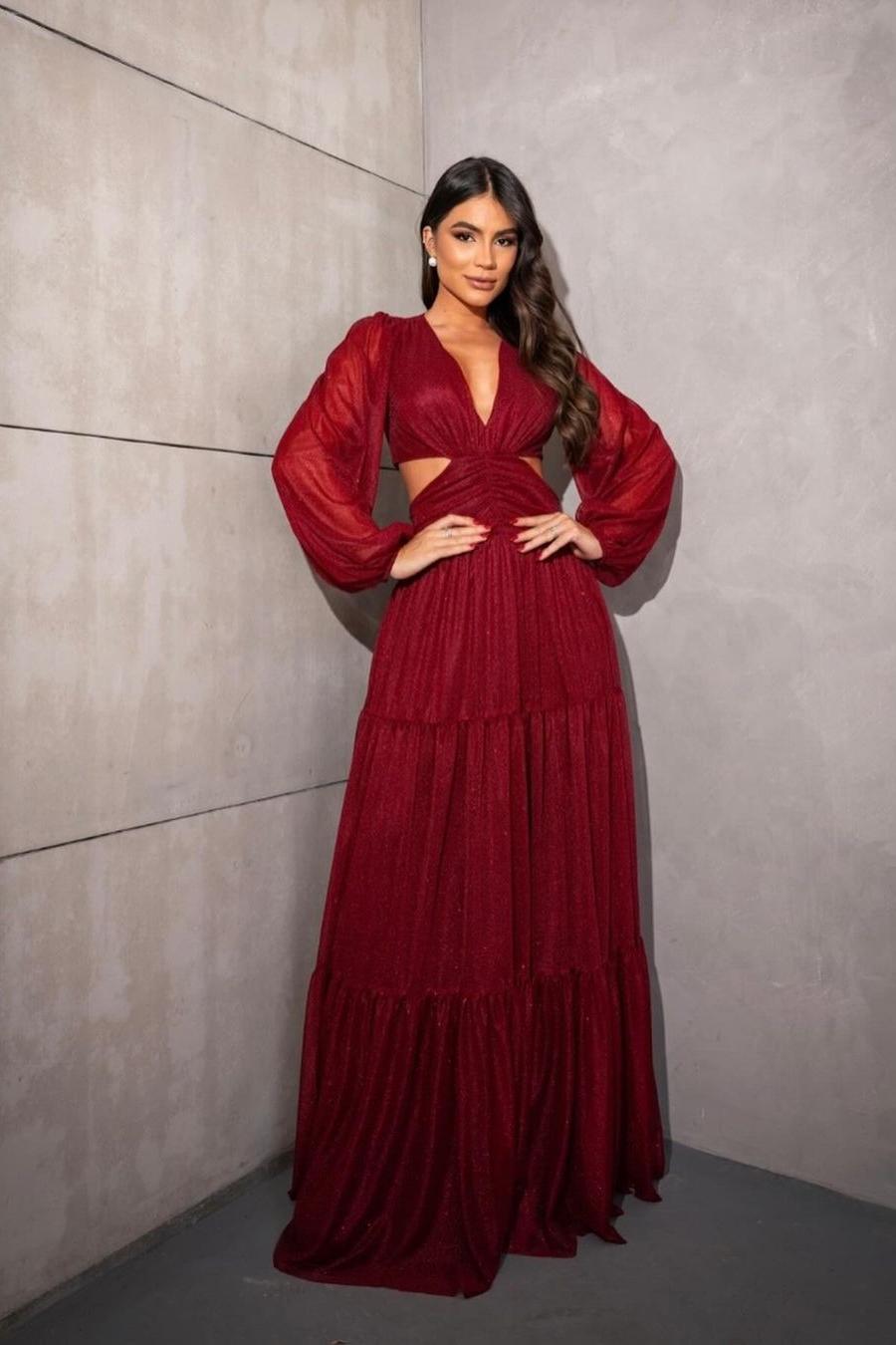 Red V Neck Long Sleeve Long Prom Dress with Sequins and Ruffles