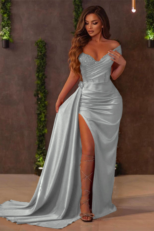 Red Off the Shoulder Mermaid Long Prom Dress with Sequins Split Ruffles