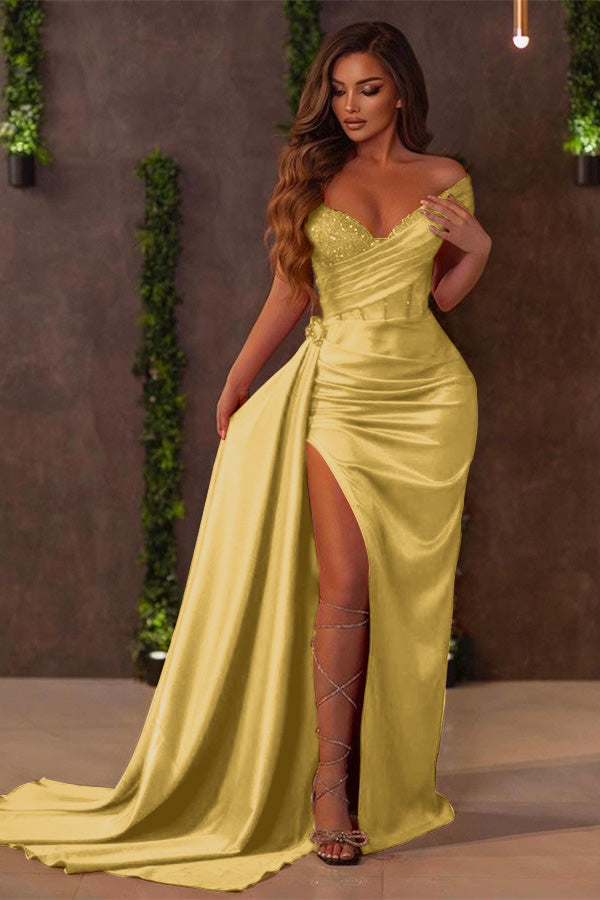 Red Off the Shoulder Mermaid Long Prom Dress with Sequins Split Ruffles